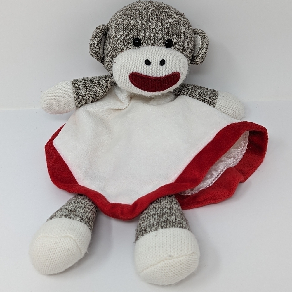 Sock Monkey Lovey Plush Security Blanket Baby Starters Red Trim